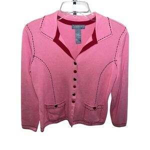 Pink Koret Cardigan Black Stitching Pockets Button Front Women's Size S